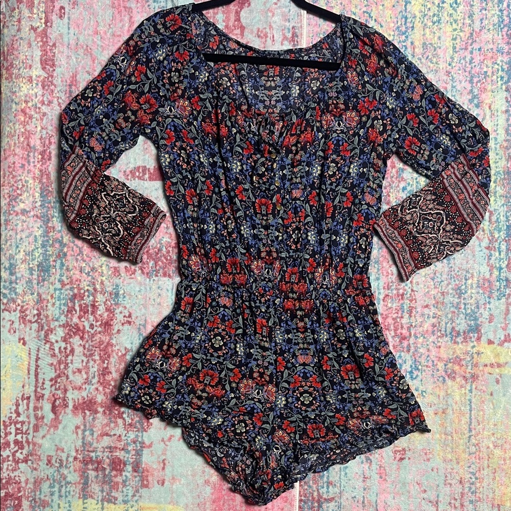 American Eagle Outfitters Navy Floral Jumpsuit Romper with Red Accents